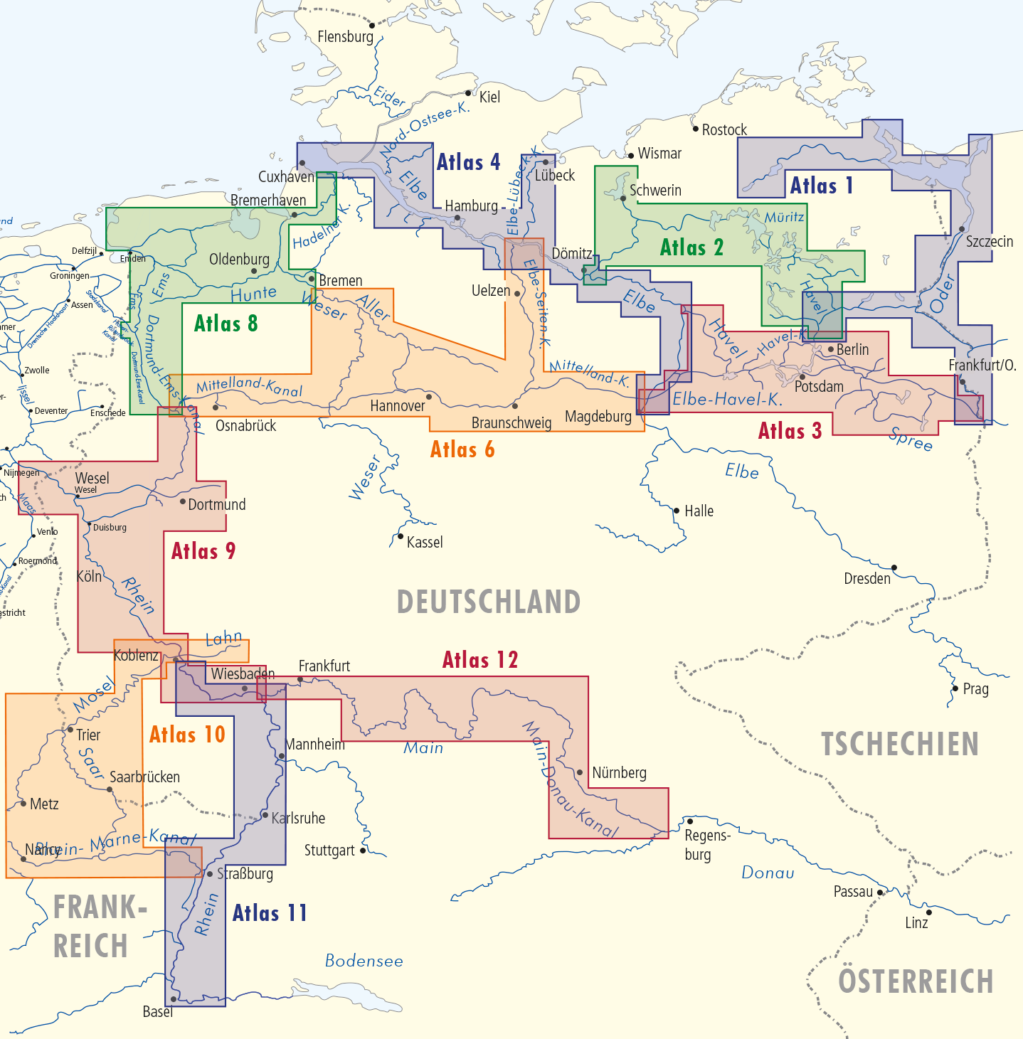 Karte mit den Abdeckungsgrenzen aller BinnenkartenAtlas Produkte von KartenWerft in Deutschland